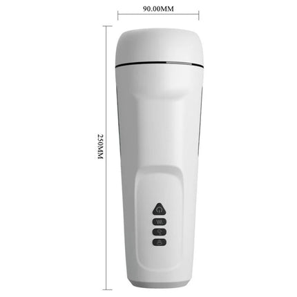 Weißer zylindrischer travel mug mit glatter oberfläche und schwarzen bedientasten neben männlicher masturbator mit vibration stimme und saugung