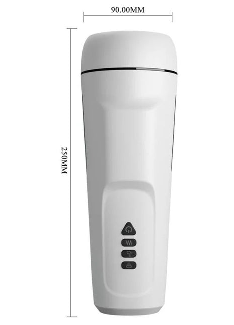 Weißer zylindrischer travel mug mit glatter oberfläche und schwarzen bedientasten neben männlicher masturbator mit vibration stimme und saugung
