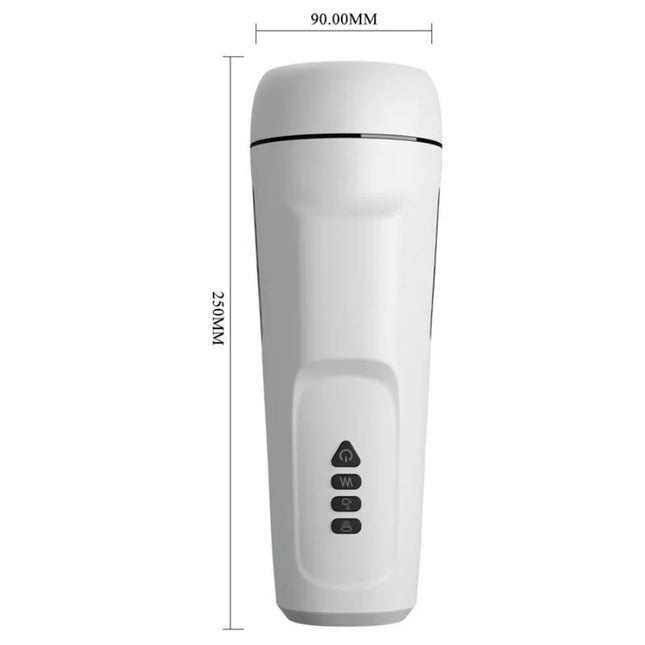 Weißer zylindrischer travel mug mit glatter oberfläche und schwarzen bedientasten neben männlicher masturbator mit vibration stimme und saugung