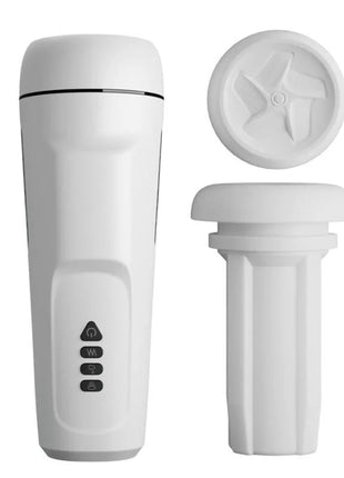 Weißes zylindrisches männlicher masturbator mit vibration stimme und saugung drei bedientasten abnehmbarer deckel und basis