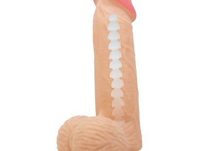 Beiger silikon realistischer dildo mit gleitendem haut-saugnapf rosa spitze und weißen strukturrillen 20,6 cm