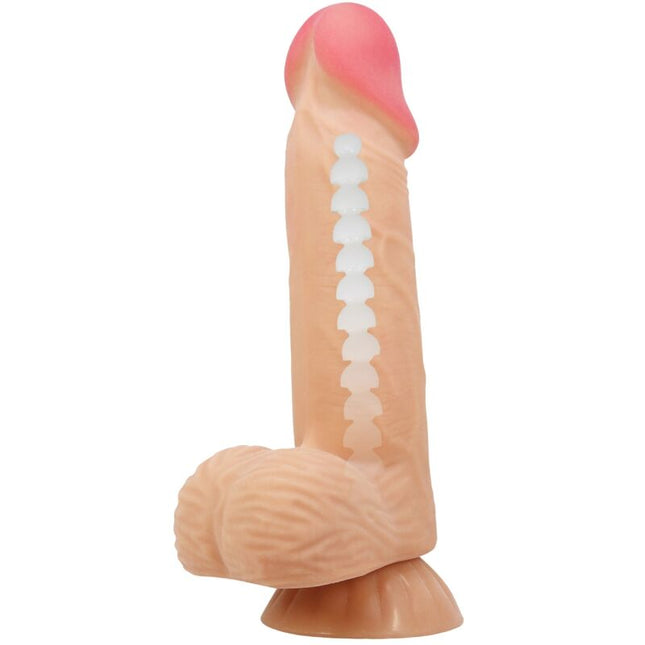 Beiger silikon realistischer dildo mit gleitendem haut-saugnapf rosa spitze und weißen strukturrillen 20,6 cm