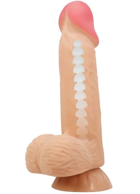 Beiger silikon realistischer dildo mit gleitendem haut-saugnapf rosa spitze und weißen strukturrillen 20,6 cm