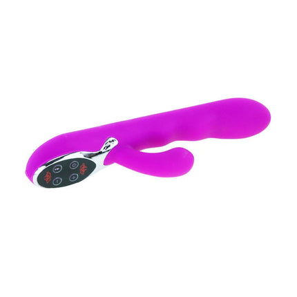 Vibrierender lila kaninchenförmiger vibrator pretty love smart crazy mit silbernem bedienfeld und roten symbolen