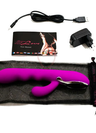 Vibrant lila silikon vibrator von Pretty Love mit metallischem silberverschluss und gebogenem griff in schwarzer tasche
