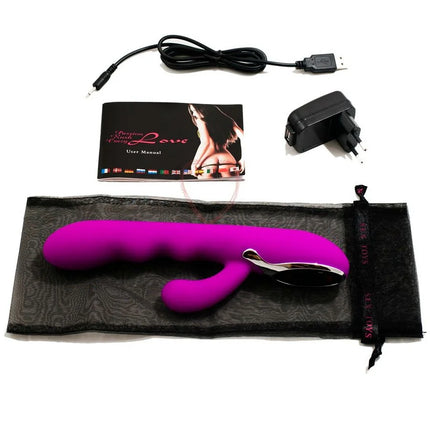 Vibrant lila silikon vibrator von Pretty Love mit metallischem silberverschluss und gebogenem griff in schwarzer tasche