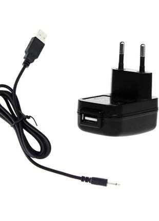 Schwarzes usb wandladegerät mit integriertem port und europäischem zweipolstecker verbunden mit spiralförmigem kabel mit usb-a und micro-usb stecker für pretty love smart crazy plus lila vibrator