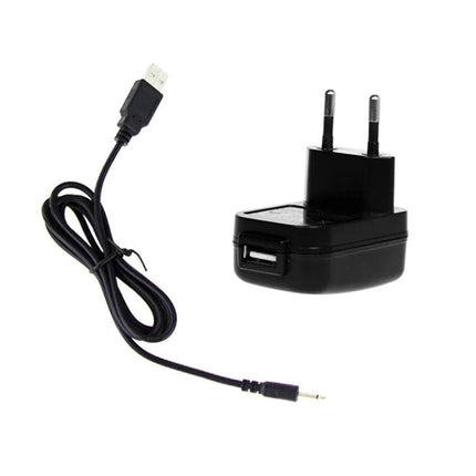 Schwarzes usb wandladegerät mit integriertem port und europäischem zweipolstecker verbunden mit spiralförmigem kabel mit usb-a und micro-usb stecker für pretty love smart crazy plus lila vibrator