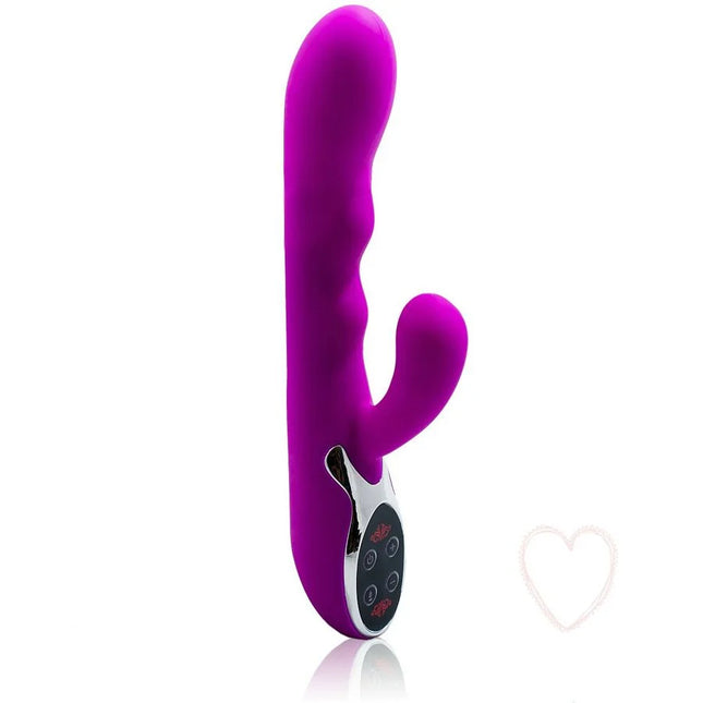 Lila silikon vibrierer in kaninform mit silberner bedienfeld und vier tasten von pretty love smart crazy plus