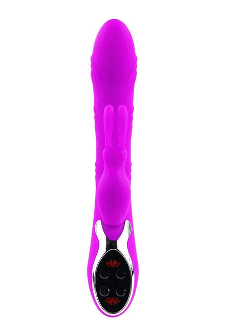 Vibrierendes lila kaninchenförmiges spielzeug mit silber-schwarzer steuerung unten von pretty love smart hot plus vibrator