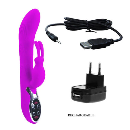 Vibrierendes kaninchenförmiges spielzeug in lebendigem lila silikon mit silberner steuerung und usb-kabel von Pretty Love Smart Hot Plus Vibrator