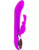 Vibrant lila silikon-rabbit-vibrator mit elegantem gebogenem design und silberner steuerung von pretty love