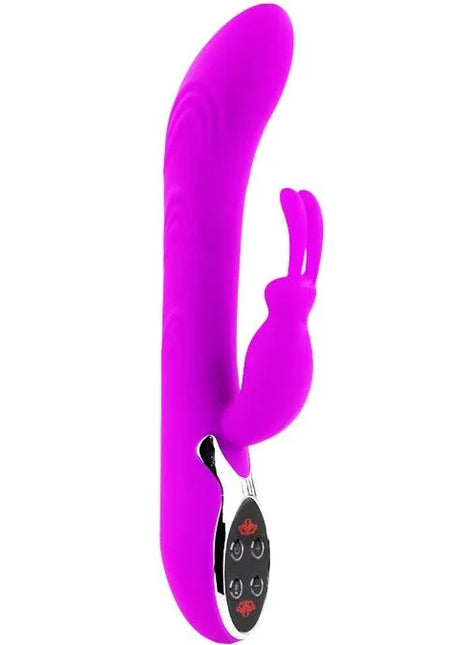 Vibrant lila silikon-rabbit-vibrator mit elegantem gebogenem design und silberner steuerung von pretty love
