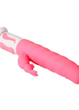 Pink silikon rabbit vibrator mit weißem griff und silbernem akzentring von pretty love smart steven rabbit rosa