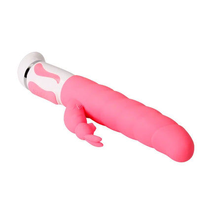 Pink silikon rabbit vibrator mit weißem griff und silbernem akzentring von pretty love smart steven rabbit rosa