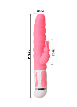 Rosa silikon-rabbit-vibrator pretty love smart steven rabbit rosa mit weißem und silbernem griff aus sicht der rückseite