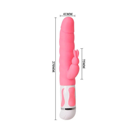 Rosa silikon-rabbit-vibrator pretty love smart steven rabbit rosa mit weißem und silbernem griff aus sicht der rückseite