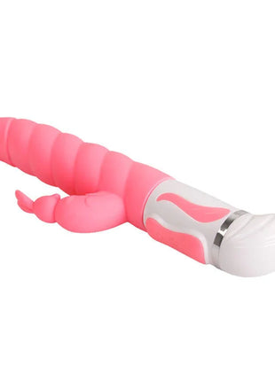 Pink und weiße silikon vibrator spielzeug mit segmentiertem, gebogenem körper und kleinem handförmigem anhang von pretty love smart steven rabbit rosa