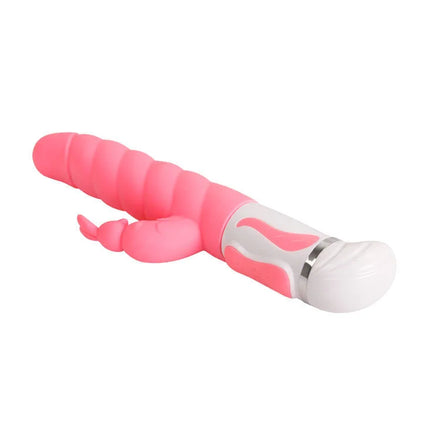 Pink und weiße silikon vibrator spielzeug mit segmentiertem, gebogenem körper und kleinem handförmigem anhang von pretty love smart steven rabbit rosa