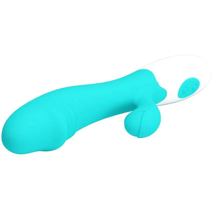 Prätty love snappy g-spot vibrator aquagrün in teal und weiß aus silikon mit gebogenem griff für vibrato stimulation