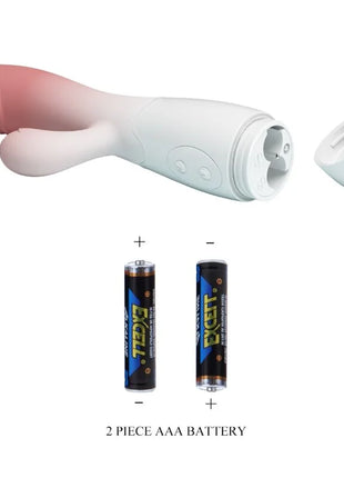 Pretty love snappy rabbit vibrator in rosa mit pink weißem silikonverlauf und abnehmbarem deckel neben zwei aaa batterien