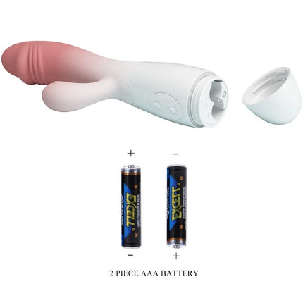 Pretty love snappy rabbit vibrator in rosa mit pink weißem silikonverlauf und abnehmbarem deckel neben zwei aaa batterien