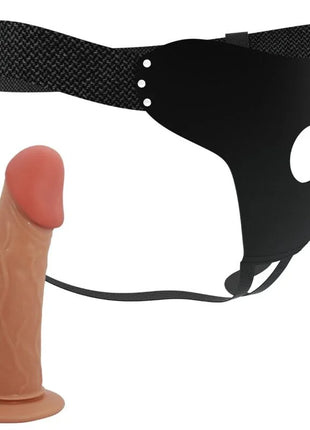 Tan silikon dildo mit strukturierter oberfläche und abgerundetem kopf neben schwarzem lederharness von pretty love stark komfortabel