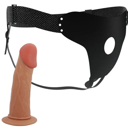 Tan silikon dildo mit strukturierter oberfläche und abgerundetem kopf neben schwarzem lederharness von pretty love stark komfortabel