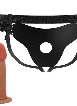 Schwarzes lederähnliches harness mit verstellbarem riemen und loch, kombiniert mit pfirsichfarbenem silikon dildo mit strukturierter oberfläche von Pretty Love Stark Komfortabel