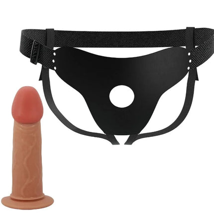 Schwarzes lederähnliches harness mit verstellbarem riemen und loch, kombiniert mit pfirsichfarbenem silikon dildo mit strukturierter oberfläche von Pretty Love Stark Komfortabel