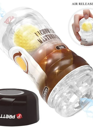 Klarer plastik-vakuumbecher-masturbator mit gelbem silikon-inlay und braunem verlauf, marke pretty love am schwarzen boden