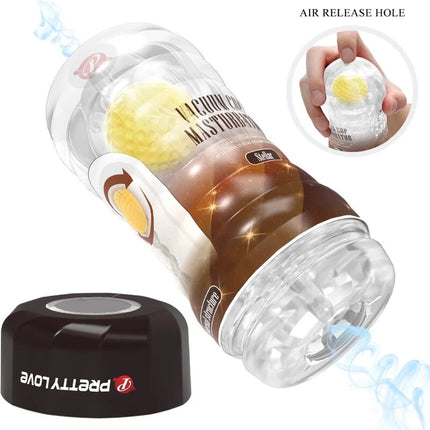 Klarer plastik-vakuumbecher-masturbator mit gelbem silikon-inlay und braunem verlauf, marke pretty love am schwarzen boden