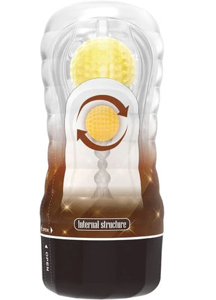 Transparente plastikverpackung mit gelbem, strukturiertem kugelförmigem innerem design im pretty love stellar masturbator-cover