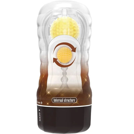 Transparente plastikverpackung mit gelbem, strukturiertem kugelförmigem innerem design im pretty love stellar masturbator-cover