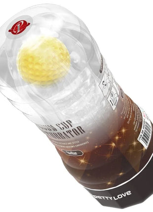 Transparenter plastikbecher mit gelbem, strukturiertem kugelvibrator in brauner und schwarzer pretty love stellar masturbator-cover verpackung