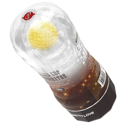 Transparenter plastikbecher mit gelbem, strukturiertem kugelvibrator in brauner und schwarzer pretty love stellar masturbator-cover verpackung