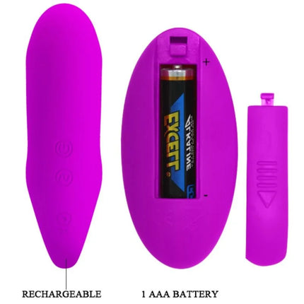 Vibrante lila wiederaufladbare silikon klemmstimulator mit abnehmbarem aaa batteriefach und passender fernbedienung von pretty love