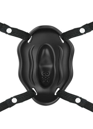 Schwarzes gepolstertes ringkampf-kopfschutz mit vier verstellbaren elastikriemen im produkt pretty love strap-on mit carter vibriender bullet