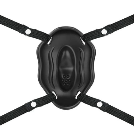Schwarzes gepolstertes ringkampf-kopfschutz mit vier verstellbaren elastikriemen im produkt pretty love strap-on mit carter vibriender bullet