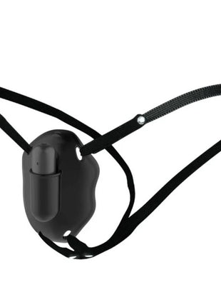 Schwarzes silikon mundknebel mit verstellbaren riemen und zentraler steuerungstaste von Pretty Love Strap-On mit carter vibrierendem bullet