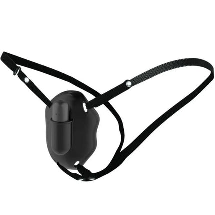 Schwarzes silikon mundknebel mit verstellbaren riemen und zentraler steuerungstaste von Pretty Love Strap-On mit carter vibrierendem bullet