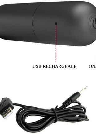Schwarzes zylinderförmiges usb wiederaufladbares gerät mit power-knopf und ladeanschluss für pretty love strap-on mit carter vibratorbullet
