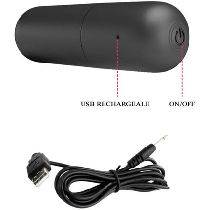 Schwarzes zylinderförmiges usb wiederaufladbares gerät mit power-knopf und ladeanschluss für pretty love strap-on mit carter vibratorbullet