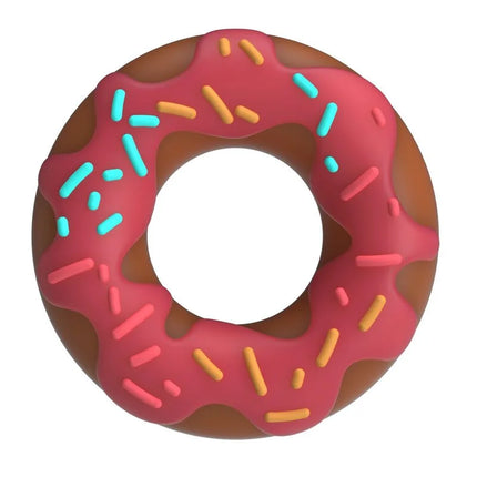 Ein pink gefrosteter pretty love super donut penisring mit brauner glasur und bunten streuseln in donut penisring pink