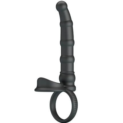 Schwarzer silikonanalstöpsel mit strukturierten rillen und ringbasis von pretty love mit 10 vibrationen