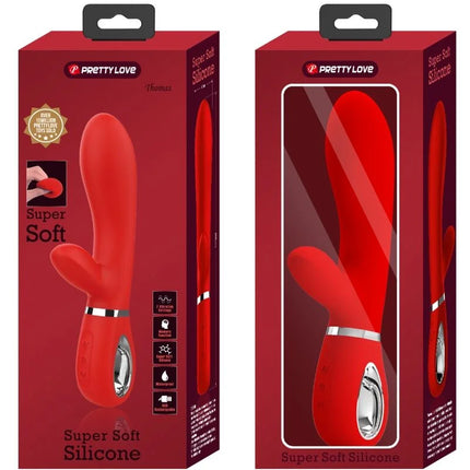 Roter prettylove thomas multifunktions-g-spot-vibrator aus superweichem silikon mit silbernem metallband und bedienfeld