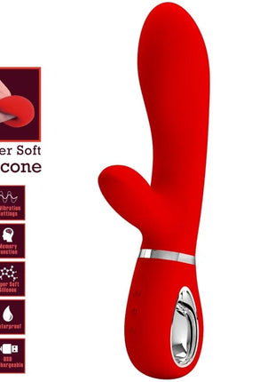 Roter silikon g punkt vibrator in hasenform mit silbernem akzentband und bedienfeld von pretty love thomas multifunction