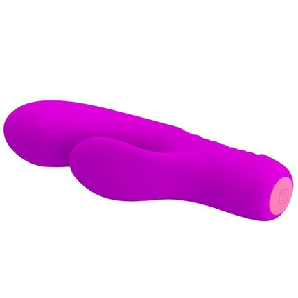Vibrant lila silikon dualkopfvibrator mit ergonomischem design und pinkem druckknopf am basis von pretty love tim purple