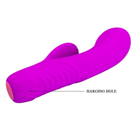 Vibrant magenta silikon rabbit-vibrator mit strukturierter, gerippter oberfläche und rundem kopf von pretty love tim purple