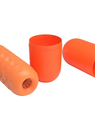 Orange zylindrischer schaumstoffroller mit diamantstruktur und passenden plastikbechern im pretty love twin balls männlicher masturbator orange